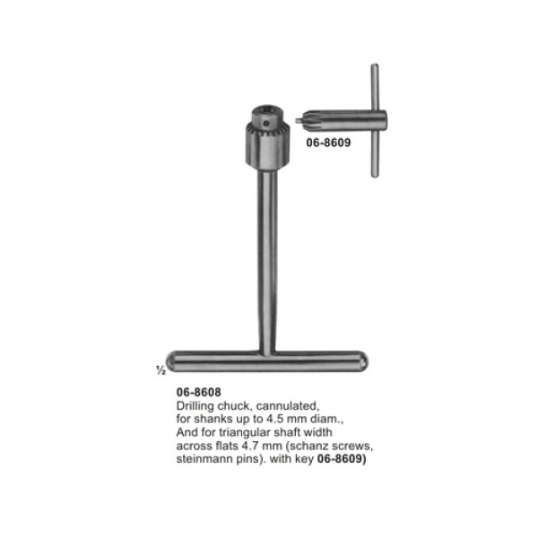 Drilling chuck, cannulated, for shanks up to 4.5 mm diam., And for triangular shaft width across flats 4.7 mm (schanz screws, steinmann pins).